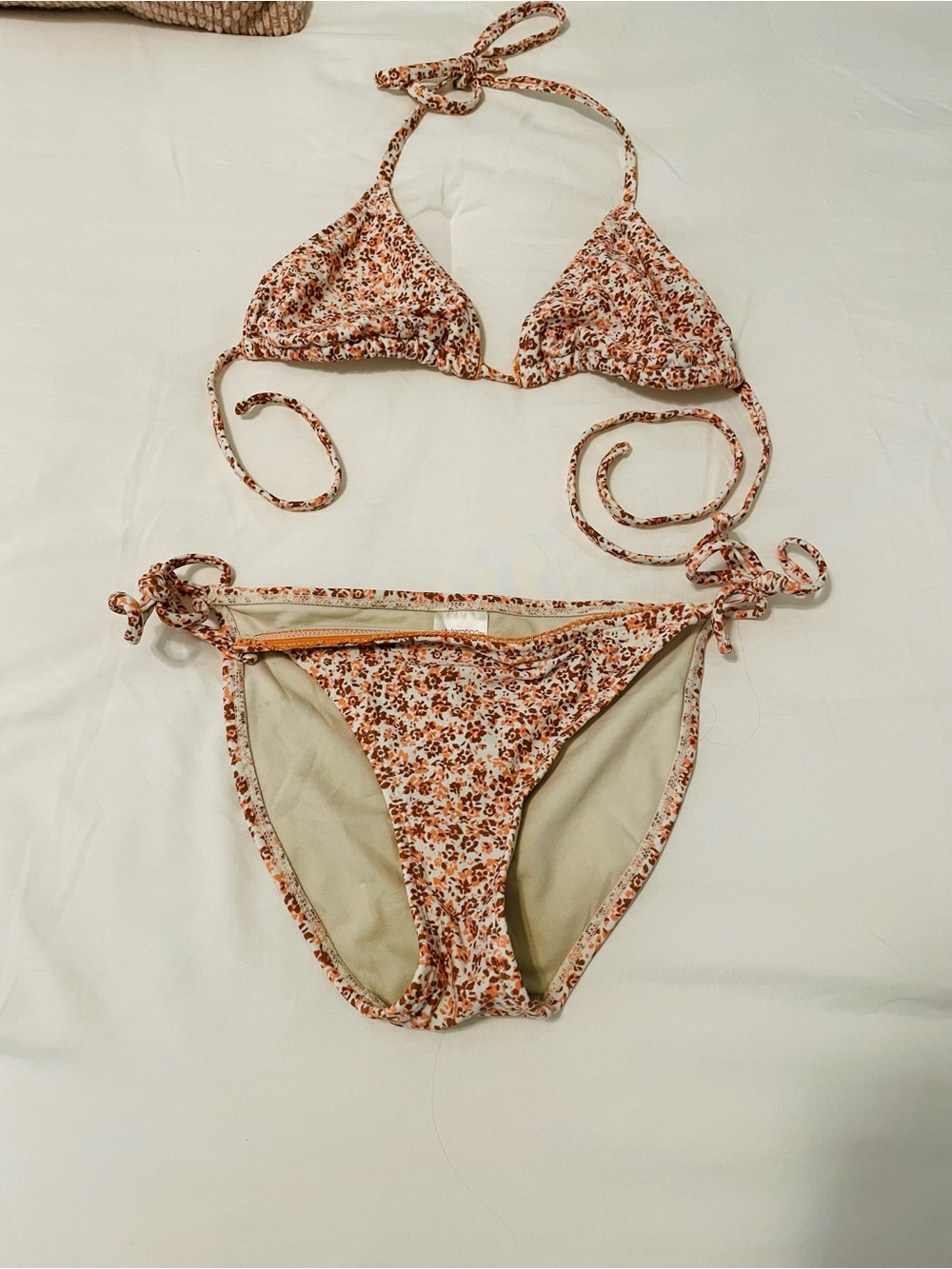 Tie-Side Floral Triangle Bikini Set - Rust & Cream